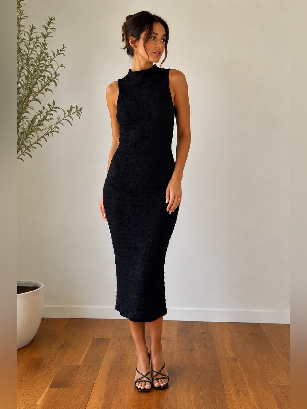 Cider Black Textured Dress Sleeveless High Neck Minimalist Chic Size XL NWT